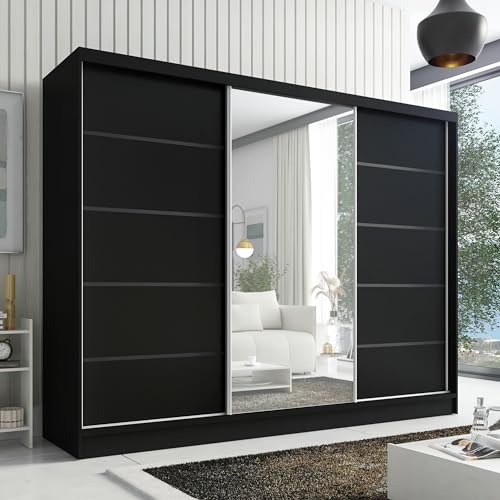 A&J MöbelLand Schwebetürenschrank AURELIA 2 Kleiderschrank 3-türig mit Schubladen, und Spiegel, Garderobe 200 cm (Schwarz)
