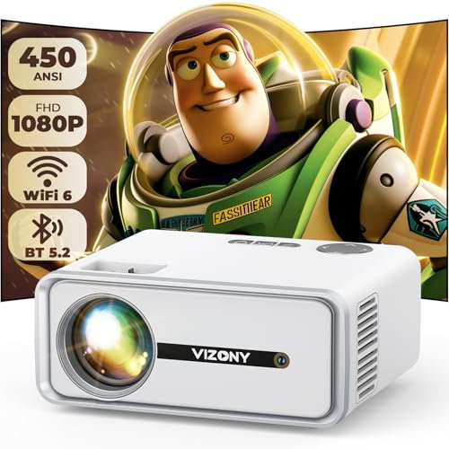 VIZONY Mini projecteur avec WiFi et Bluetooth, 450ANSI 1080P FHD Home Movie Projecteur, projecteur d'extérieur portable avec écran de 250 pouces + zoom, compatible avec téléphone/ordinateur portable