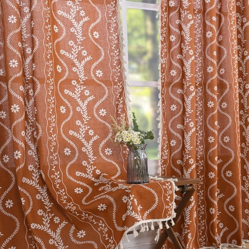Schweek Boho-Vorhänge, 244 cm Länge, Leinenvorhänge für Wohnzimmer, 2 Paneele, Vintage-Bauernhaus-Druck, Blumenmuster, rustikale Vorhänge, Terrakotta, Rostorange
