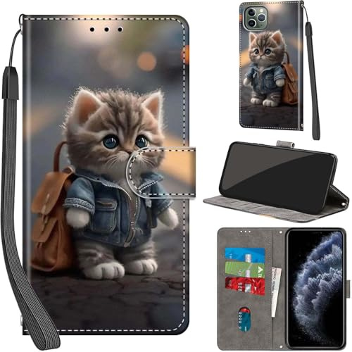Haninsuze Case for iPhone 11 Pro Max 6.5-Inch, Cat | PU Leather, 3 Card Holder, Wallet Book Flip, Folio Stand View, Magnetic, Multi-Pattern Cover, Lanyard Strap