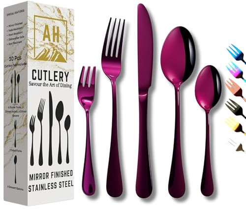 30-Piece Stainless Steel Dinner Set for 6, Mirror-Polished Royal Purple Cutlery Set – Includes Knives, Dinner & Salad Forks, Soup & Dessert Spoons. Dishwasher Safe, Elegant Tableware.