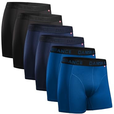 DANISH ENDURANCE 6er Pack Sport Boxershorts Herren, Mit regulärem oder langem Bein, Mehrfarbig (2X Schwarz, 2X Blau, 2xhellblau), M