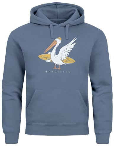 Neverless® Hoodie Herren Pelikan Print Surfer Surfboard Kapuzen-Pullover Männer Fashion Streetstyle Indigo-Blue S