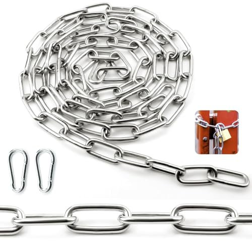 SWTYExt Edelstahl Kette Starke Gliederkette Meterware V4A Kette Meterware 2M 4 mm Rundstahlkette Verlängerungskette Stahlkette Kette Metall mit Karabiner für Hundekette Schaukeln Ketten Ankerkette