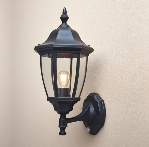 EBION PIR Außenlampe mit Bewegungsmeldermit Bewegungsmelder, Klassisch Wandlaterne aus Kunststoff, Rostet Nicht, Außen Wandleuchte für Veranda, Garage, Patio, Korridor, Schwarz, Ohne Glühbirne