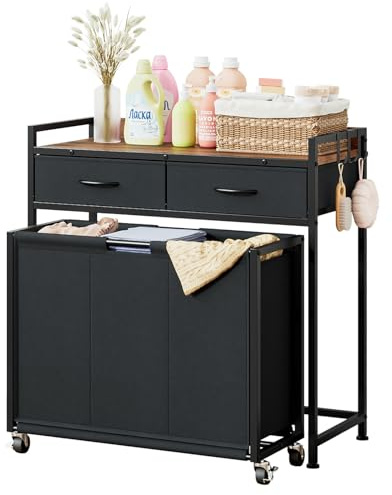 Wooruy Laundry Hamper 3 Sections on Wheel,120L Laundry Basket with 2 Drawers Top Shelf Pull-Out Removable Laundry Bags,Laundry Sorter for Laundry Room Bedroom Bathroom Dorm,Black