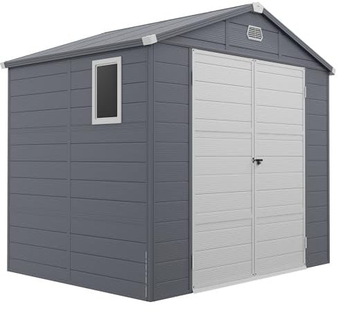 Outsunny 8 x 6ft Plastic Garden Storage Shed with Foundation Kit, Polypropylene Outdoor Storage Tool House with Ventilation Slots and Lockable Door, Grey