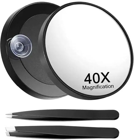 Miroir grossissant x40 CHUMHU, avec support, pince et ventouses, pour soins délicats du visage, adapté pour les personnes ayant une vision floue ou altérée, noir, 8,9 cm de diamètre, 1 pièce