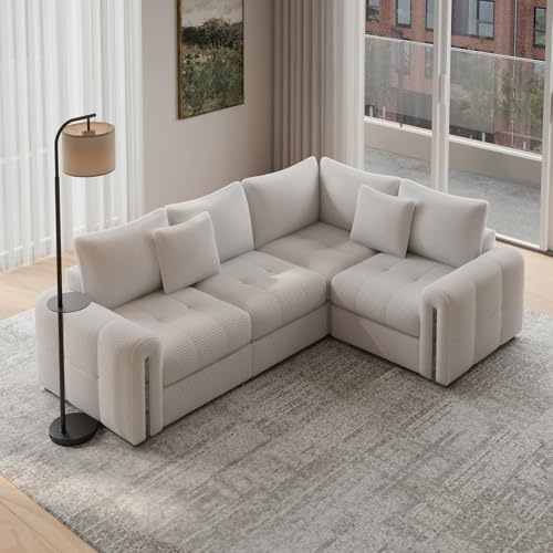 Vesgantti 4 Seater Corner Sofa with Storage, L-Shaped Modular Sofas, White | Convertible Left/Right Hand, Easy Assembly, Soft Corduroy, 2C1 Small Corner Couch for Living Room, Bedroom, Office, Studio