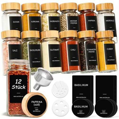 ComSaf Glas-Gewürzstreuer,Gewürzgläser Eckig für Gewürze 120 ml, 12er Set | Bambusdeckel, Gewürzdosen, Gewürzbehälter, Metalltrichter, Kräuter, Tee und Kaffee, Schubladenorganisation