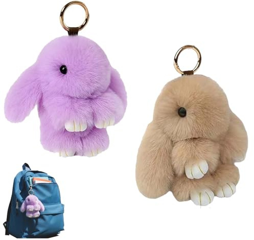 Ahaimy 2 Pièces Pendentif Lapin Doux, Peluche Porte clés Moelleux, Lapin à fourrure Keychain, Pendentif sac de poupée en peluche, Porte clés de Lapin à Fourrure Mignon (Kaki clair, Violet)
