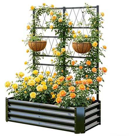 Galvanised Raised Garden Bed with Trellis,121×61×151CM Metal Planter with Trellis Attached, Heavy Duty Outdoor Garden Planter Box for Climbing Plants,Vegetables,Tomatoes,Cucumbers and Flowers,Black