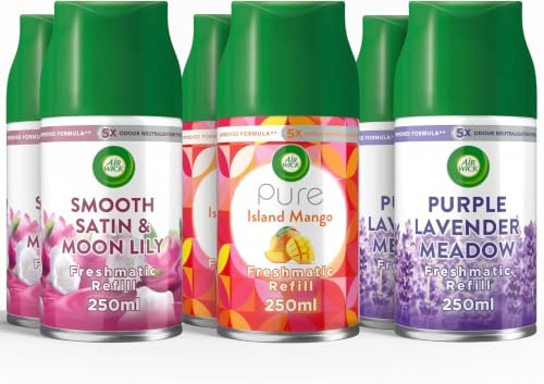Air Wick Freshmatic Auto Spray Refills, Assorted Scents, 6 x 250ml | Freshmatic Auto Spray Refills with Island Mango, Purple Lavender Meadow, Smooth Satin & Moon Lily, up to 420 days fragrance