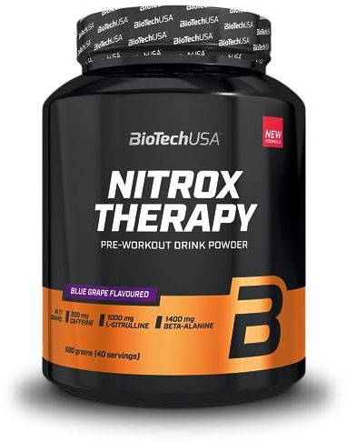 BioTechUSA Nitrox Therapy | Con vitamina B6, magnesio y cafeína | 16 ingredientes activos | Sin gluten, sin lactosa, 680 g, Uva azul