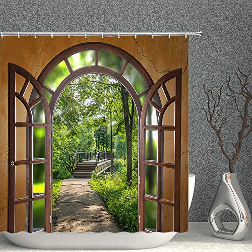 AdaCrazy Purple Flowers Greenery Cascading over an Old Dry Stone Exterior Garden Wall Nature Scenery Shower Curtains 3D printing Waterproof coated polyester fabric bathroom with 12 hooks 71 inches