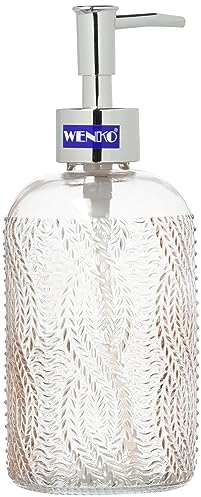 WENKO Flüssigseifenspender Vetro Rosa, nachfüllbarer Seifenspender aus echtem Glas für ca. 400 ml Flüssigseife, Spender in Trendiger Retro-Optik, ideal auch als kleine Vase, 8,5 x 19 x 7,5 cm