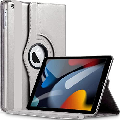 GADGET ARMOUR Étui pour iPad 9{^>e<^} génération 10,2 pouces 2021, 8{^>e<^} génération 2020, 7{^>e<^} génération 2019, coque intelligente rotative avec fonction veille/réveil automatique, argenté