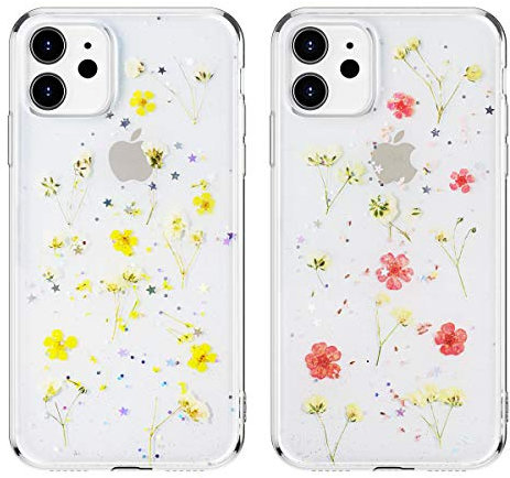 EYZUTAK 2 Pack Dried Flower Case for iPhone 11 Pro Max 6.5 inch, Bling Glitter Sequin Shockproof Clear Floral Pattern Silicone Gel Back Cover Protective Case - Yellow & Pink