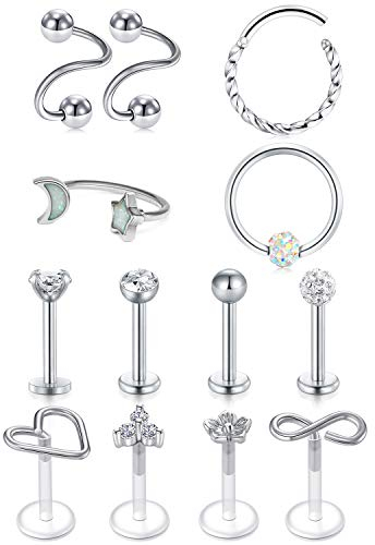Rajnard Chirurgenstahl Tragus Piercing Helix Ohrringe 16G Lippenpiercing stecker Knorpel Cartilage Piercing Silber Ohrringe Labret Piercing Monrone Piercing 13 Stück