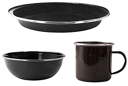 The Home Fusion Company Black Enamel Camping Equipment - Individual Mug Plate Bowl Or Set Hiking Fishing