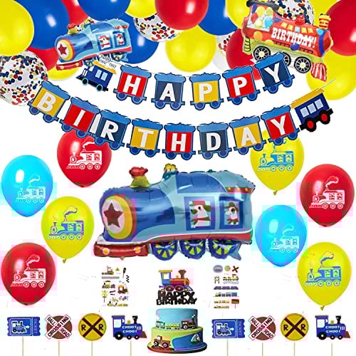 Set de Suministros para Fiesta de Cumpleaños de Tren - Decoración Azul, Amarillo y Rojo con Globos de Ferrocarril y Pancarta - para Tren de Vapor