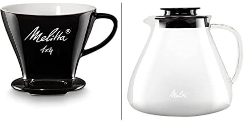 Melitta 1x4 Permamenter Kaffeefilter aus Porzellan, schwarz & Kanne aus Borosilikatglas, Robust und Hitzebeständig, 1 Liter, 217632