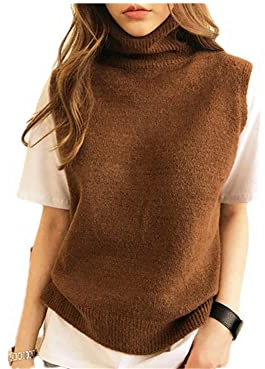 Damen 100% Kaschmir, gestrickt, ärmellos, Rollkragenpullover, einfarbig, Pullover