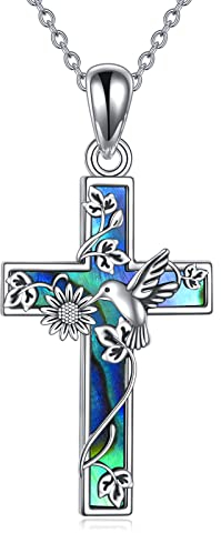 YFN Sonnenblume Kreuz Halskette Sterling Silber Kolibri Kreuz Anhänger Abalone Shell Schmuck Religiöse Christliche Taufe Geschenke für Sie Damen Mädchen