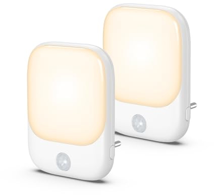 OQIMAX Luz Nocturna Con Sensor de Movimiento, 2 Pcs LED Enchufable, 5 Niveles de Brillo Ajustable, Blanca Cálida 2700K, 3 Modos de Iluminación, Para Dormitorio