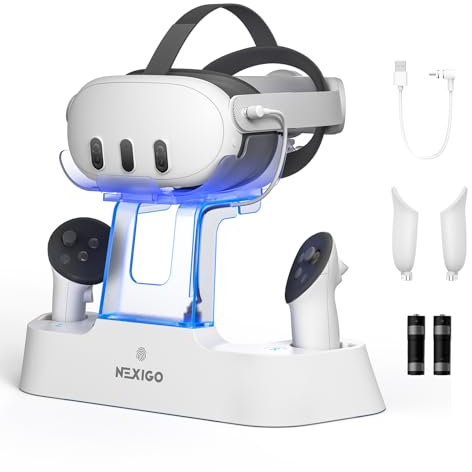 NexiGo Enhanced Charging Dock with LED Light [On/Off] for Oculus Quest 3, [Support Elite Strap with Battery], Headset Display Holder and Controller Mount, Rechargeable Batteries, White