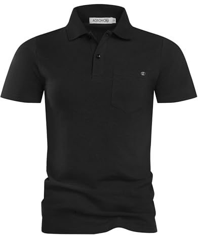 Poloshirt Herren Kurzarm mit Brusttasche 100% Baumwolle Polo Shirt Golf Polohemd Schwarz L