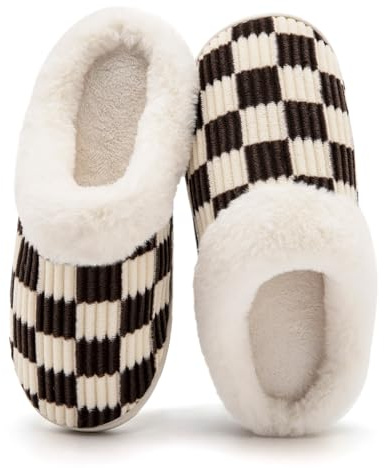 Waysoland Fuzzy Memory Foam Checkered Slippers - Men's & Women's Slip-Ons with Anti-Skid Sole for Indoor/Outdoor Use (Fluffy Coffee, 3/4 UK)