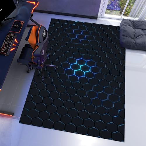 DUCAPE Bunter Hexagon-Gamer Carpet,Gaming Neon Weiche Mikrofaser Teppich Faltteppich Mit Niedrigem Flor rutschfest Waschbar Und Lichtecht Esszimmer,Küche,Hallway 60 X 90Cm