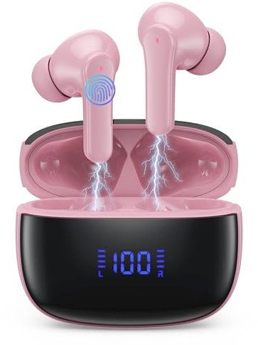 Bluetooth Kopfhörer, Kopfhörer Kabellos Bluetooth 5.3 In Ear Kopfhörer mit 4 ENC Noise Cancelling Mic, Kabellose Kopfhörer Tiefer Bass Wireless Earbuds 50Std, IP7 Wasserdicht Ohrhörer LED Anzeige-Rosa