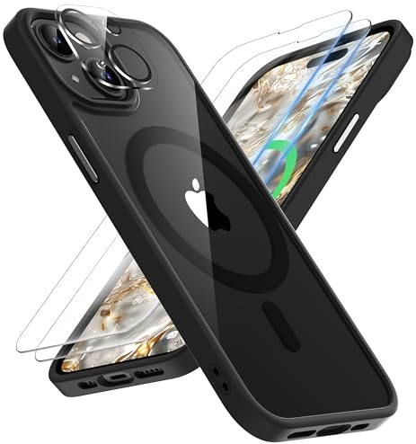 ORETECH Magnetic for iPhone 15 Case, Black | Compatible with Magsafe, 2 Pack Screen Protector 1 Camera Protector, Anti Yellowing Ultra Thin Military Grade Shockproof