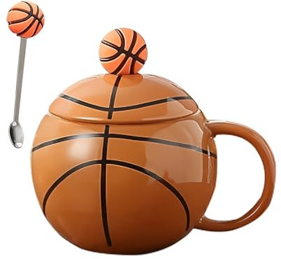 Yunlaishaocer Taza de café de baloncesto, 400 ml, taza de cerámica de baloncesto con tapa y orificios, forma de baloncesto, tazas de capuchino para niños, niñas, fanáticos del baloncesto, regalos de