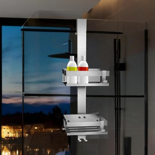 Mucola Duschregal ohne Bohren Duschablage zum Hängen für Duschwand rahmenlos Edelstahl Duschorganizer 2 Körbe | inkl. Glasschutz | Handtuchhalter Shampoo Halterung mit Haken Anti-Rost