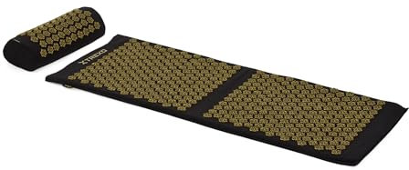 TREXO Große Akupressurmatte mit Kissen in Schwarz 110x44x2 cm mit Kissen 38x15 cm inklusive Bezug Aus Baumwolle und 18D-Schwamm Abriebfeste PVC Spikes Lindert Muskelverspannungen