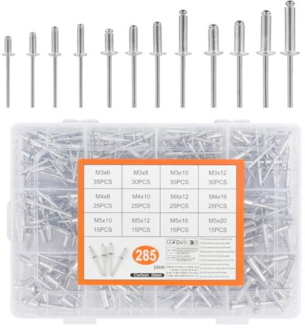 285 PezziRivetti Alluminio, Rivetti Ciechi in Alluminio, M3 M4 M5 Rivetti a Strappo in Alluminios per Metallo, Legno, Plastica, Fai Da Te (Argento)