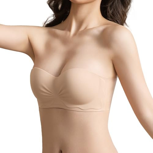 D.DUO Strapless Bras, Adhesive Push up Bras, Backless Bra, Wirefree Non-Slip Invisible Tube Top for Women (Beige, A)