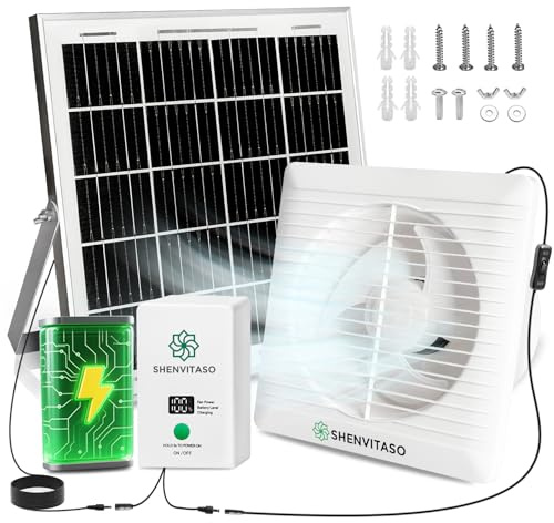 SHENVITASO Solarbetriebenes Abluftventilator-Set, 25 W, 20,3 cm, Ventilator mit 7500 mAh Akku, 430 CFM, IP44 wasserdicht, für Hühnerstall, Gewächshaus, Schuppen, Wohnmobil, Außenkühlung