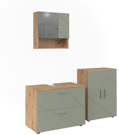 Vicco Badmöbel-Set Irma, Salbeigrün, 80 cm | besteht aus Waschbeckenunterschrank, Spiegelschrank und Midischrank