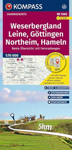 KOMPASS Fahrradkarte 3363 Weserbergland, Leine, Göttingen, Northeim, Hameln mit Knotenpunkten 1:70.000: reiß- und wetterfest