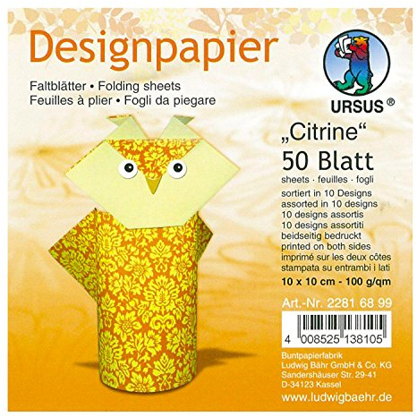 Ursus 22816899 - Designpapier Citrine, 50 Blatt in 10 verschiedenen Motiven, ca. 10 x 10 cm, 100 g/qm, beidseitig Bedruckt, ideal zum Falten von kreativen Origami Tieren