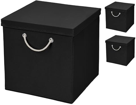 3x Aufbewahrungs Korb Schwarz Faltbox 30 x 30 x 30 cm Regalkorb von Stick&Shine faltbar mit Kordel und mit Deckel