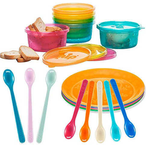 NIP 18 tlg. Kleinkinder-Set // made in Germany // Pick Nick Breischalen mit Deckel, 6er Pack & nip Fütterlöffel kurz 5er Pack + nip Breilöffel lang 3er Pack // Teller mit Motiv 4er Pack BPA frei