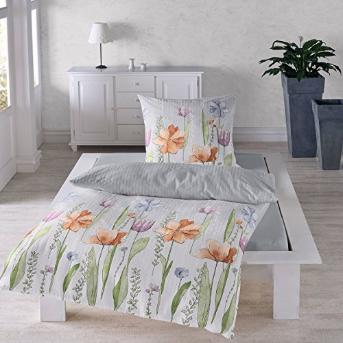 Traumschlaf Seersucker Bettwäsche Set • aus 100% Baumwolle in floralen Aquarell Blumen Muster • Bügelfrei