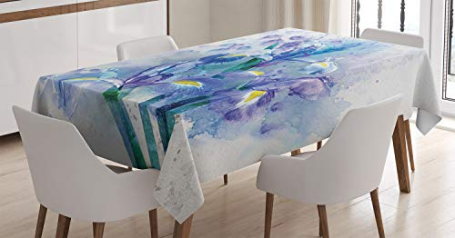 ABAKUHAUS Blumen Tischdecke, Iris Frische Farben, Personalisierter Druck Klare Farben ohne Verblassen Waschbar für Außen Bereich, 140 x 170 cm, Lila Teal Ecru