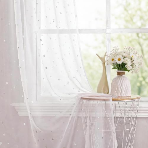 WUBODTI Transparente Vorhänge mit Sternenmuster, 213 cm lang, 2 Vorhangschals, Kinderzimmer, halbtransparent, Voile, Tüll, Stangentasche, Glitzer, Wohnzimmer, Mädchen, Schlafzimmer, Weiß