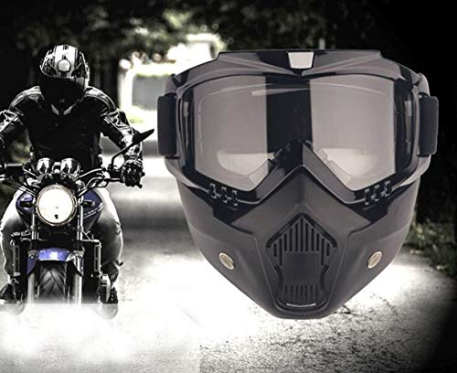 Maschera per occhiali da moto con maschera rimovibile, maschera da motocross per moto con occhiali rimovibili e filtro bocca per caschi vintage (montatura nera, lenti grigie)